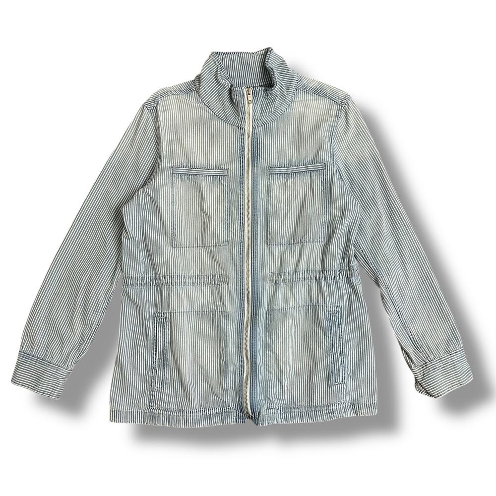 GAP Blue White Railroad Stripe Utility Jacket‎ L Zip Front Waist Chore Coat
